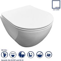 Verkürzte kurze spülrandlose wandhängende wc Keramik Toilette, platzsparend, mit passendem wc Sitz mit Absenkautomatik, 28022 - Adob