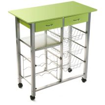 Carrello Da Cucina In Legno E Acciaio Piano Di Lavoro Verde 76x40 2 Cassetti 3 Cestini Porta Frutta Verdure Cantinetta 6 Porta Bottiglie E 4 Ruote