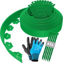 Bordure de pelouse flexible en plastique avec piquets + gants Bordure de parterre Bordure de tonte Vert / 10m - hauteur 5cm - Kesser