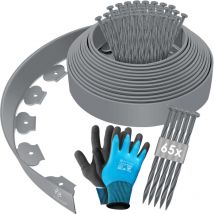 Bordure de pelouse flexible en plastique avec piquets + gants Bordure de parterre Bordure de tonte Gris / 10m - hauteur 5cm - Kesser