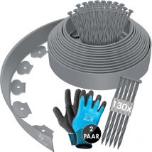 KESSER Bordure de pelouse flexible en plastique avec piquets + gants Bordure de plate-bande bordure de tonte Gris / 20m - hauteur 5cm