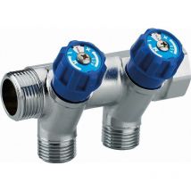 Verteiler mit integrierter Armatur blauer Griff männlich weiblich MF3/4' (20x27), 2 Abgänge männlich M1/2' (15x21) Scheibe zur Identifizierung des