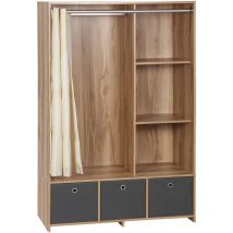 Vestiaire d'entrée - barre de penderie, 3 niches, 3 tiroirs tissu, rideau - panneaux aspect chêne clair polyester gris lin beige