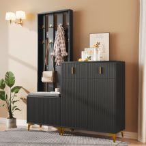 Vestiaire d'entrée - banc à chaussures avec coussins - crochets - armoire à chaussures avec tiroirs et portes - noir
