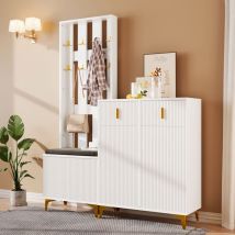 Vestiaire d'entrée - banc à chaussures avec coussins - crochets - armoire à chaussures avec tiroirs et portes - blanc
