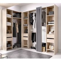VESTIAIRE OUVERT D'ANGLE AVEC TIROIRS ET RIDEAUX BLANC TONY - Naturelle