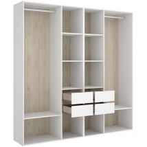 DKT - Vestidor Reus 4 cajones, 10 huecos y trasera reversible en blanco/natural, 205cm(alto) 196cm(ancho) 45cm(fondo)