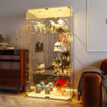Vetrina In Vetro Temperato Con 4 Ripiani, Design Moderno, Maniglie E Serrature In Metallo, Illuminazione Regolabile, Base Bianca, 80,5x36,5x164 Cm