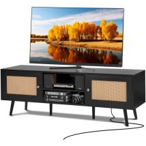 Vevor - Rattan-TV-Ständer für 165 cm Fernseher, Boho-TV-Ständer mit Rattantür, Fernsehschrank mit eingebauter Steckdose und USB-Anschlüssen, moderne