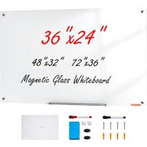 Mophorn - vevor Tableau Blanc Magnetique en Verre Effacable a Sec 90 x 60 cm, Grand Tableau Memo Mural sans Cadre, avec Plateau de Marqueurs, un