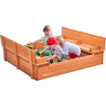Wooden Sandbox, 52.4 x 47.2 x 16.9 in Sand Box, Sand Pit with Foldable Bench Seats and Bottom Liner, Natural Wood Kids Sandbox for Outdoor Backyard,