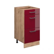 Mueble bajo de cocina R-Line, Rojo Burdeos alto brillo, 40 cm con cajones, sin encimera Vicco