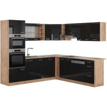 Vicco - Cocina esquinera R-Line, Roble negro/dorado de alto brillo, 237 x 247 cm , et Roble