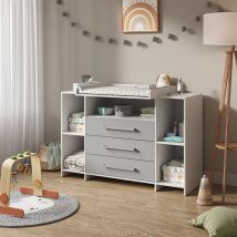 Commode à langer Oskar, blanc/gris, 143 x 100 cm xl avec tiroirs Vicco