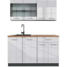Vicco - Cucina monoblocco R-Line, Bianco lucido/antracite, 140 cm , pl Rovere