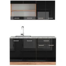 Vicco - Cucina monoblocco R-Line, Rovere nero/oro lucido, 140 cm , pl Marmo