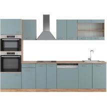Cuisine R-Line, Bleu-gris/chêne doré, 300 cm avec armoire haute, PT Chêne, Vicco