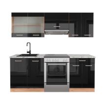 Cuisine R-Line, Noir brillant/Chêne doré, 200 cm, pt Marbre Vicco
