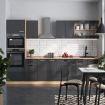 Vicco - Küchenzeile R-Line, Anthrazit Hochglanz/Goldkraft Eiche, 300 cm mit Hochschrank, ap Marmor