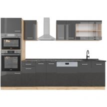Vicco - Küchenzeile R-Line, Anthrazit Hochglanz/Goldkraft Eiche, 300 cm mit Hochschrank, ap Anthrazit