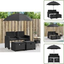 The Living Store - vidaXL Canapé de jardin 2 places avec parasol et tabourets noir rotin
