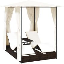 Chaise longue double avec rideaux Résine tressée Marron