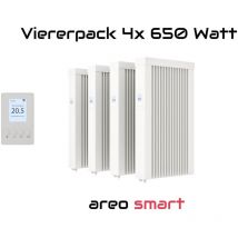 Elektroheizung Viererpack 4x 650 Watt Flächenspeicherheizung areo smart - digitales Thermostat mit LCD-Display - Option zur Appsteuerung von eVARMO