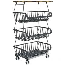 Skecten - Vierschichtiger Obstkorb aus Eisenholz mit Rädern, Größe 40 x 30 x 72 cm, Schwarz