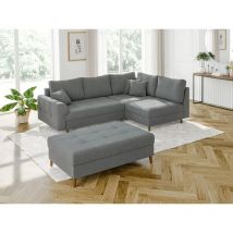 Viggo - Ecksofa mit Schlaffunktion und Hocker mit Braun Holzfüßen im skandinavischen Stil aus Grau Boucle-Stoff