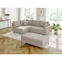S-style Möbel - Viggo - Ecksofa mit Schlaffunktion und Hocker mit Braun Holzfüßen im skandinavischen Stil aus Beige Boucle-Stoff