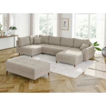 S-style Möbel - Viggo - Wohnlandschaft mit Schlaffunktion und Hocker mit Braun Holzfüßen im skandinavischen Stil aus Beige Boucle-Stoff