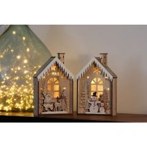 Village de Noël Lumineux en Bois. Lot de 2 maisons décoratives de noël avec LED h=23cm l=14,5cm, à poser ou a accrocher.