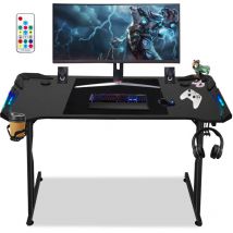 Vingo - Bureau Gaming Bureau de jeu avec Porte-gobelet et Crochet pour Casque, 120x60cm, Plateau en Fibre de Carbone, met LED+télécommande