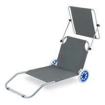 Chaise longue de jardin, Chaise de plage, Chaise longue pliable, jusqu'à 100 kg, avec 2 roues, oreiller 150x60x27cm-Gris Foncé/Noir - Vingo