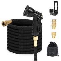 Vingo Gartenschlauch 22.5 m - Wasserschlauch flexibel dehnbar – Flexschlauch knickfest mit 8-Funktions-Handbrause & Adapter – Schwarz - Schwarz