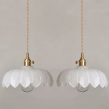 Vintage Ceiling Pendant Light Glass Lotus Hanging Light Indoor Chandelier for Loft Coffee Bar Kitchen Island 2Pcs White