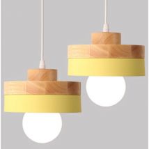 Vintage Industrial Ceiling Pendant Light Fixture Metal Wooden Hanging Lamp Yellow Round Chandelier Lampshade 2Pcs
