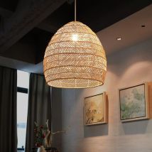 Vintage Rattan Pendelleuchte, Hängelampe mit E27 Lampenschirm, für Esszimmer, Café, Restaurant, 40x40cm
