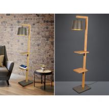 Stehlampe rodrigo mit Holz Ablagen, Lampenschirm Silber antik, Höhe 165cm