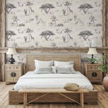 Vintage Tapete Safari Dschungeltiere Beige Für Kopfteil Bett