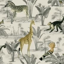 Nina Home Wallpapers - Vintage Zoo Wallpaper Nina Home Animal Print Monkey Butterfly Soft White