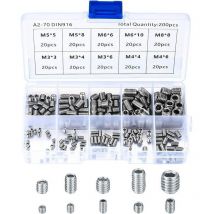 Vis Sans Tête en Acier Inox, M3 M4 M5 M6 M8 Vis à Métaux, Assortiment Kit de Fixations Vis Pointeau(200Pcs)-DPZO