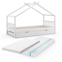 Vitalispa - Cama en forma de casa Design, Blanco, 90x200 cm con cama de invitados y 2 colchones