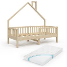 Vitalispa - Cama en forma de casa Noemi, Madera natural, 80x160 cm con colchón