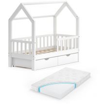Vitalispa - Cama en forma de casa Wiki, Blanco, 70x140 cm con cajones y colchón