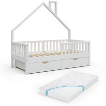 Lit cabane Noemi, Blanc, 80x160 cm avec 2 tiroirs et matelas Vitalispa