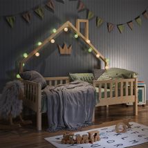 Lit cabane Noemi, Naturel bois, 80x160 cm avec matelas Vitalispa