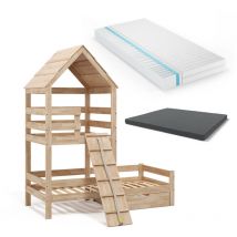 Lit cabane Teddy, Naturel bois, 90x200 cm avec 2 matelas et un tiroir Vitalispa