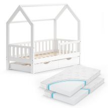 Lit cabane Wiki, Blanc, 80x160 cm avec lit d'appoint et 2 matelas Vitalispa