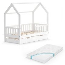 Lit cabane Wiki, Blanc, 80x160 cm avec lit d'appoint et matelas Vitalispa